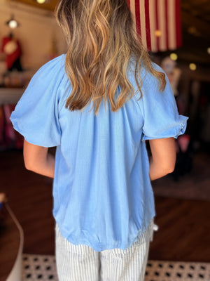 Umgee Periwinkle Linen Puff Sleeve Top