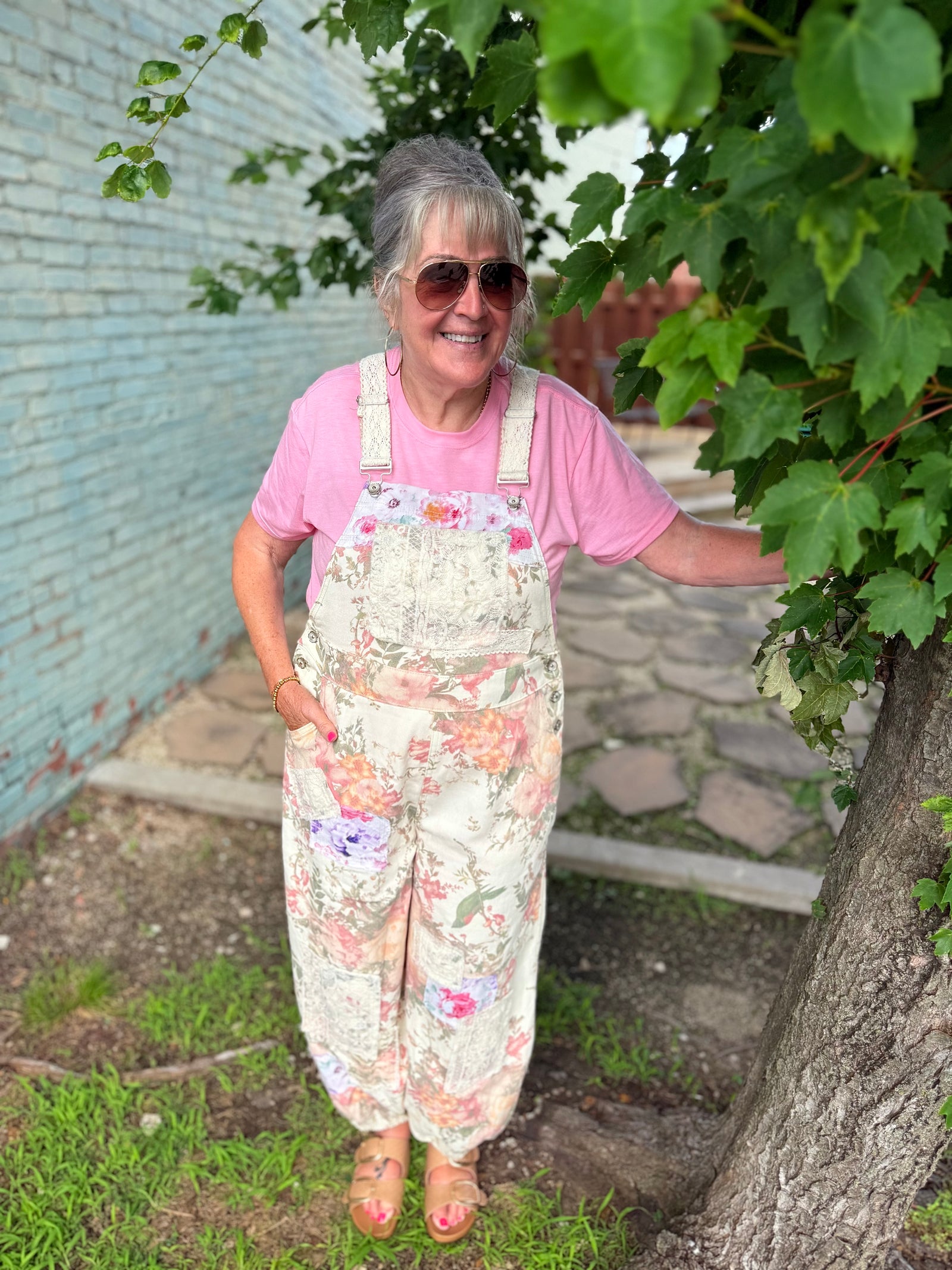 Pol Cream Floral Lace + Patchwork Jogger Overalls