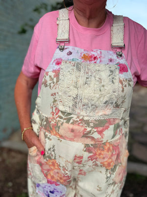 Pol Cream Floral Lace + Patchwork Jogger Overalls