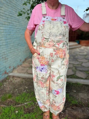 Pol Cream Floral Lace + Patchwork Jogger Overalls