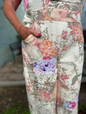 Pol Cream Floral Lace + Patchwork Jogger Overalls
