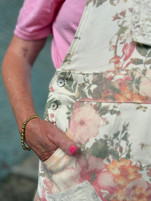 Pol Cream Floral Lace + Patchwork Jogger Overalls
