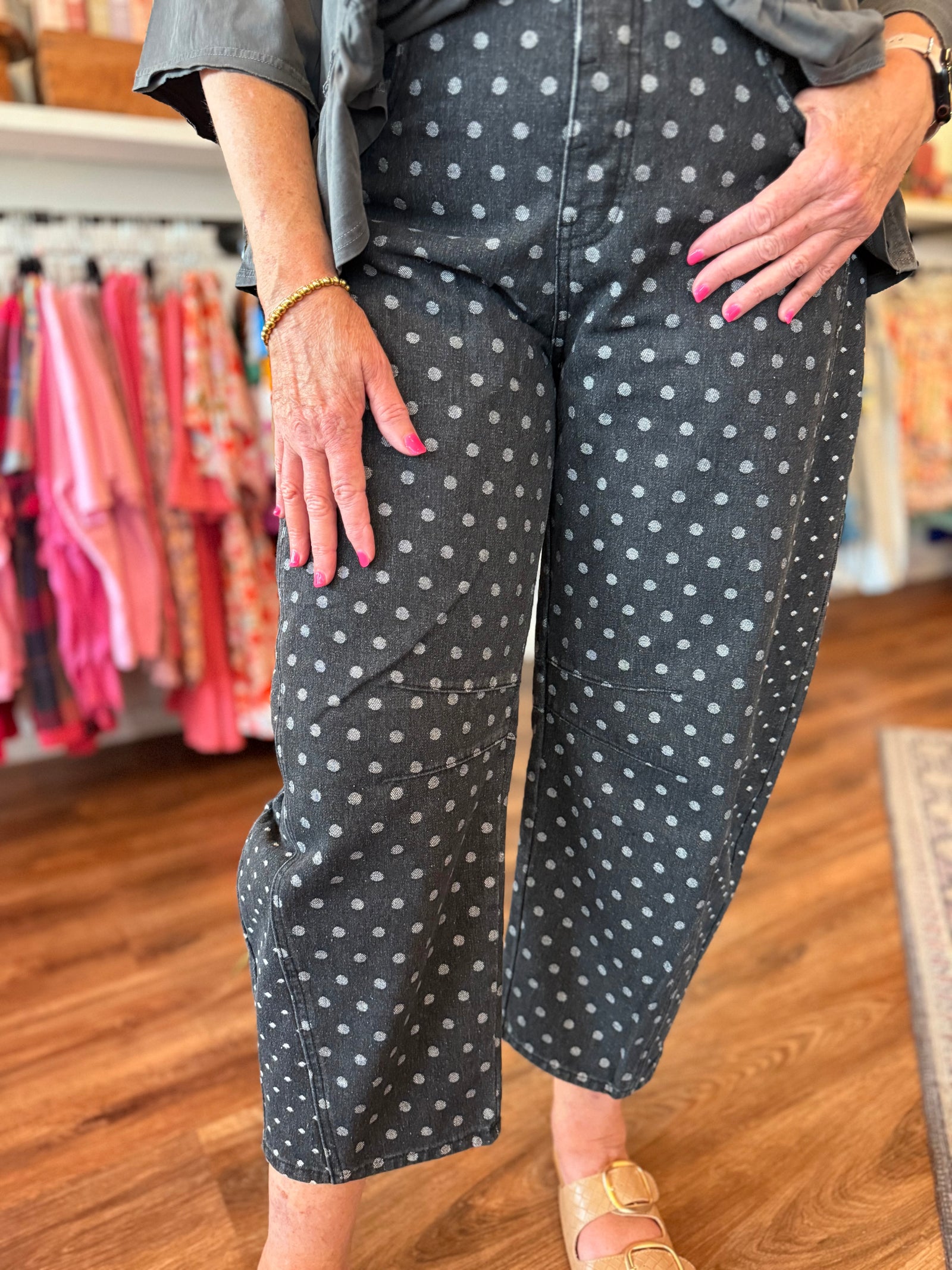 Easel Black Washed Denim Polka Dot Barrel Pants