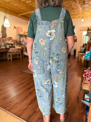 Easel Washed Denim Floral Overalls