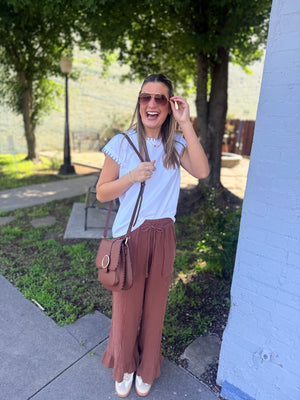 White Oversized Top w/ Brown Stitch Detail