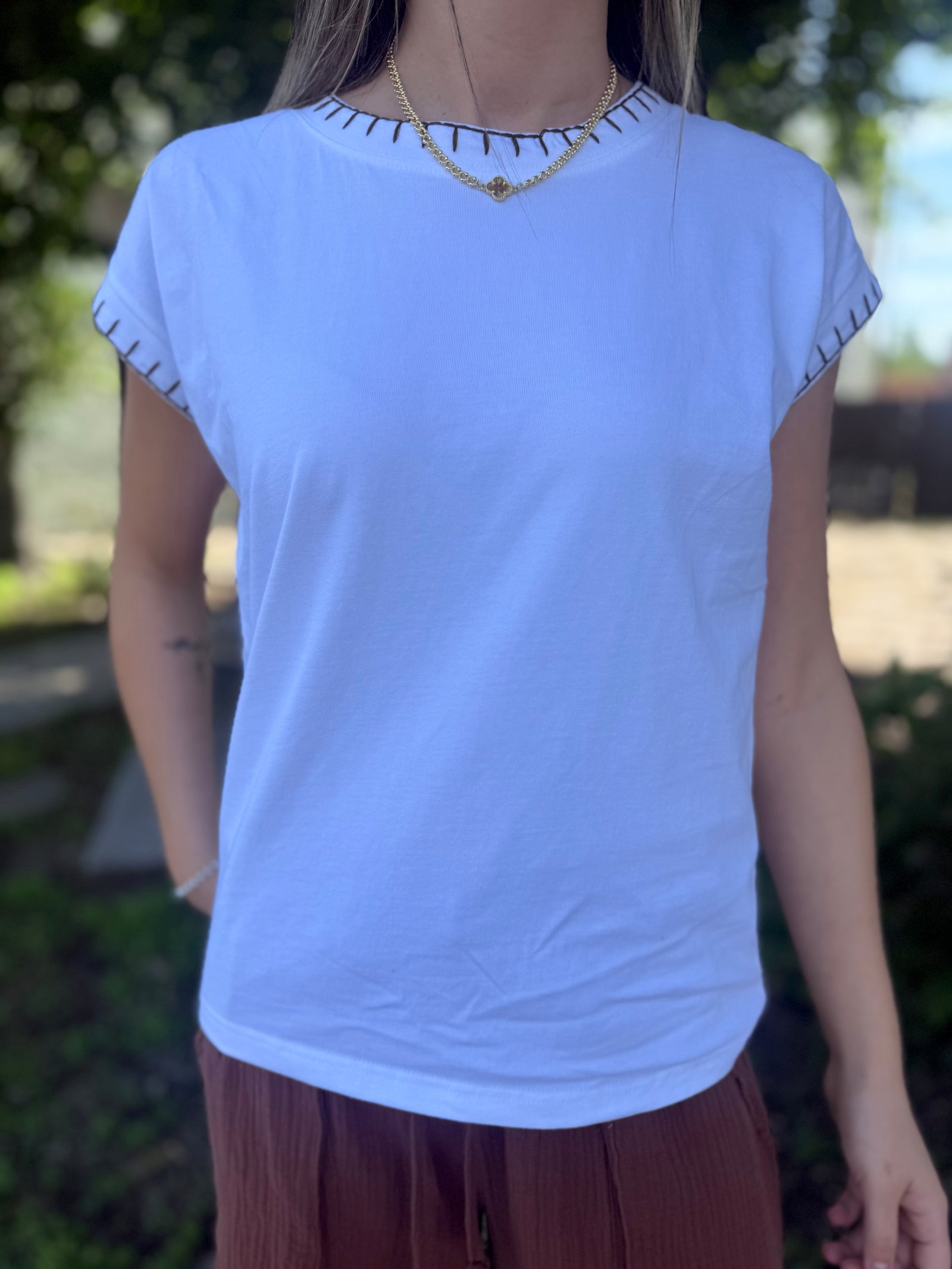 White Oversized Top w/ Brown Stitch Detail