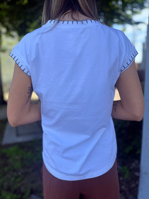 White Oversized Top w/ Brown Stitch Detail