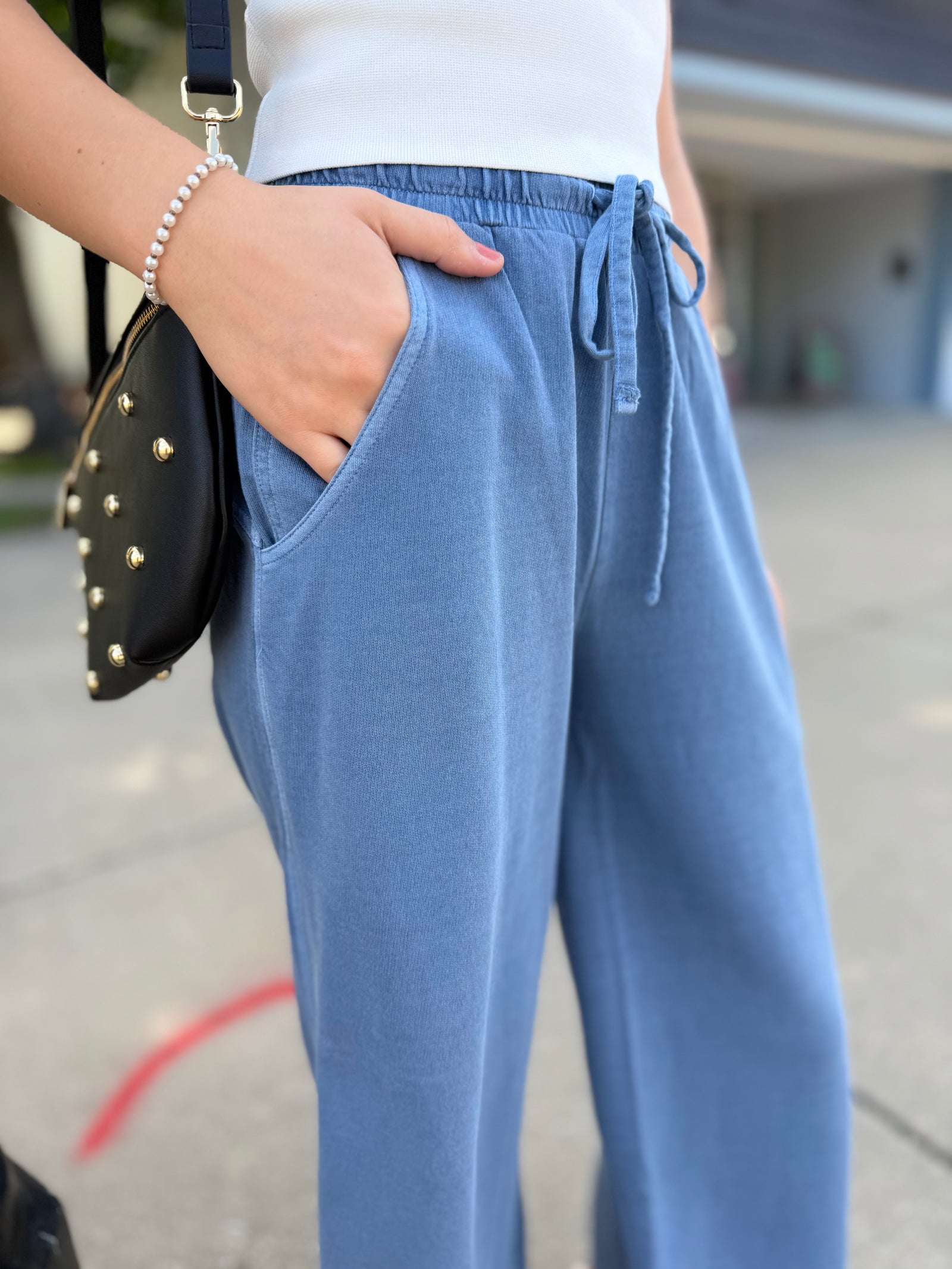 Dusty Blue Terry Knit Washed Pants