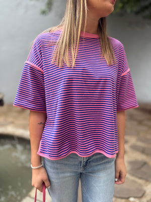 Sewn + Seen Pink/Royal Blue Striped Oversized Top