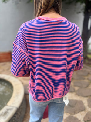 Sewn + Seen Pink/Royal Blue Striped Oversized Top