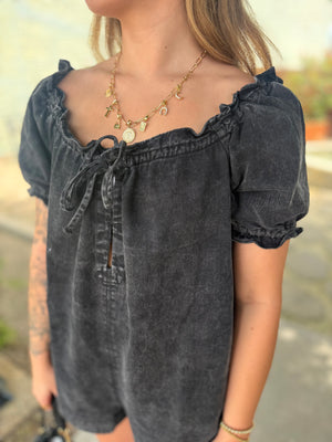 Olivaceous Ruffled Edge Washed Black Romper