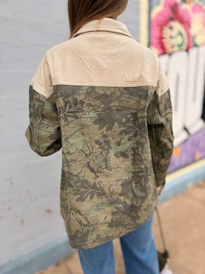 Camo Oversized Shacket w/ Corduroy Contrast
