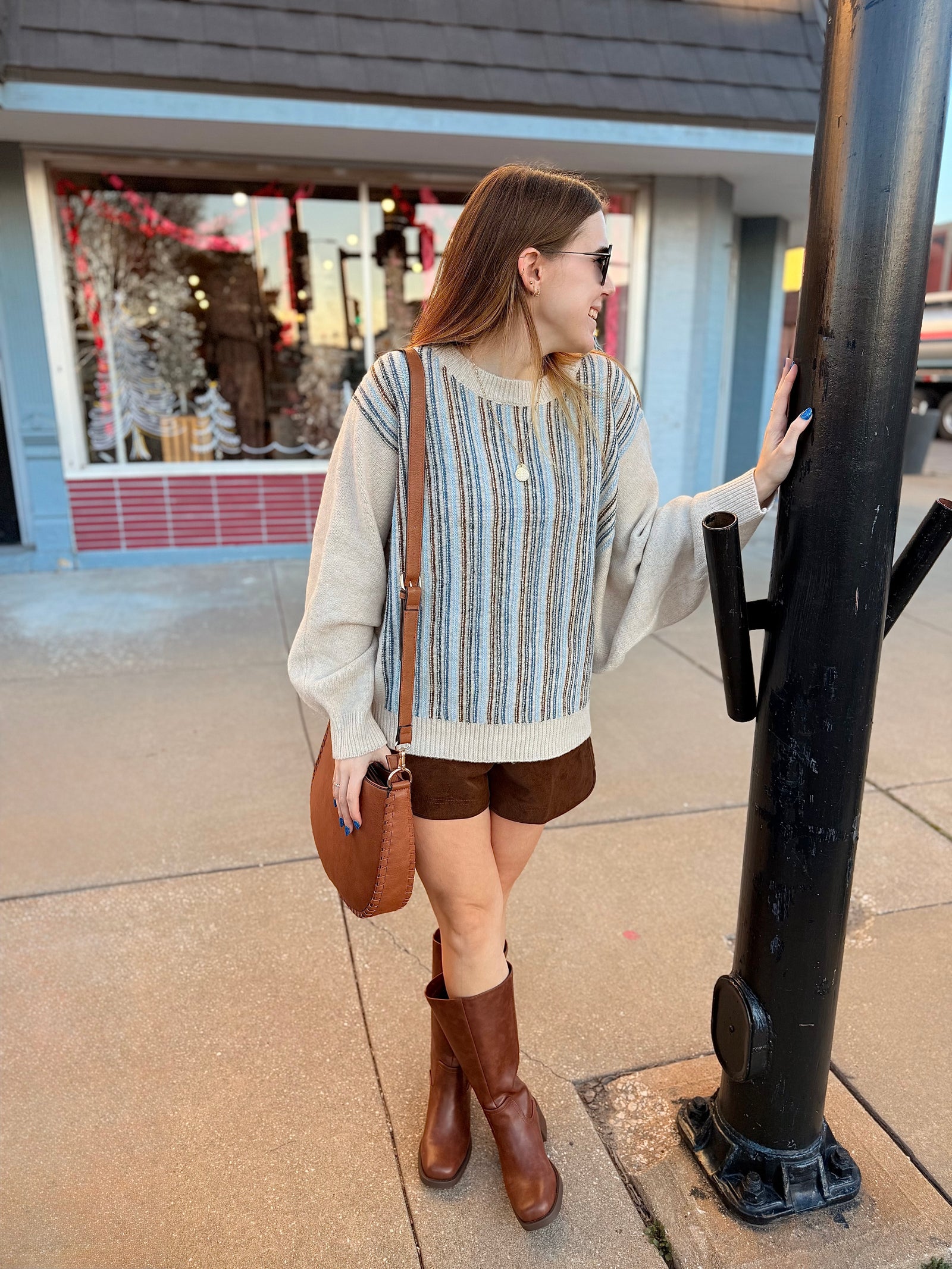Blue Mix Striped Dolman Sleeve Knit Sweater Top