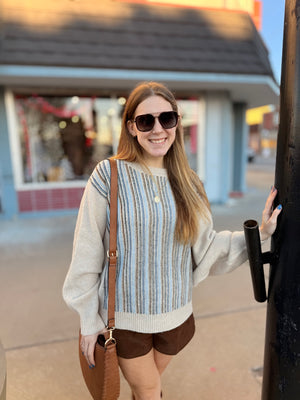 Blue Mix Striped Dolman Sleeve Knit Sweater Top