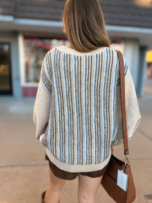 Blue Mix Striped Dolman Sleeve Knit Sweater Top