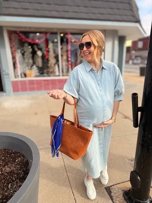 Washed Chambray Pleat Front Midi Dress