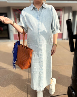 Washed Chambray Pleat Front Midi Dress