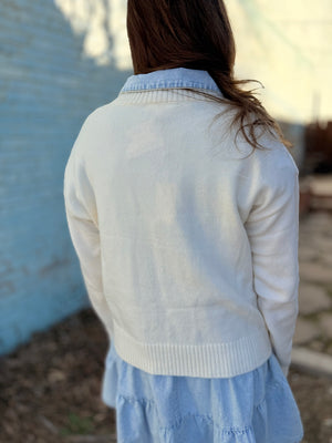 Cream Sweater w/ Pink Cable Knit  Bow Detail
