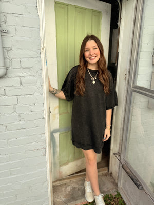 Black Mineral Wash Terry Knit Mini Dress