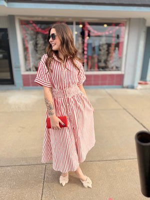 Red Striped Woven Midi Dress w/ Smocked Waist