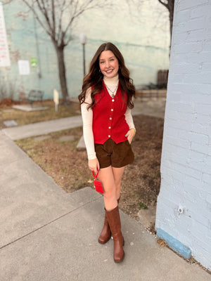 Red Sleeveless Knit Button Down Vest