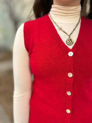 Red Sleeveless Knit Button Down Vest