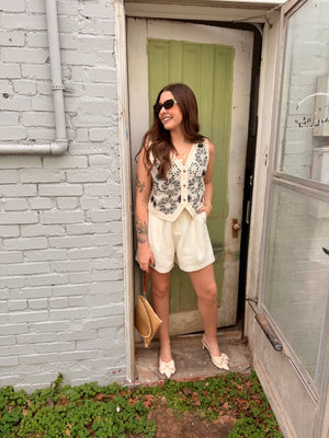 Ivory + Navy Floral Embroidered Crochet Vest