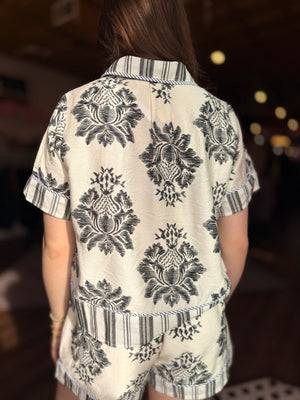 White + Black Print Stripe Mix Button Down Shirt