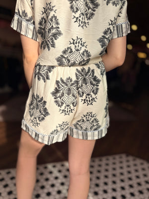 White + Black Print Stripe Mix Lined Shorts