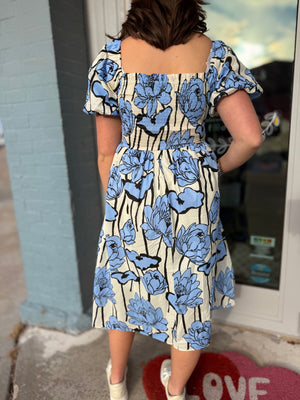Blue Contrast Floral Puff Sleeve Midi Dress