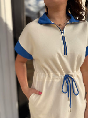 Cream + Cobalt Blue Detail Short Sleeve Knit Mini Dress
