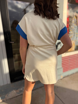 Cream + Cobalt Blue Detail Short Sleeve Knit Mini Dress