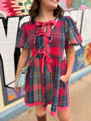 Easel Blue + Pink Plaid Mini Dress w/ Ties