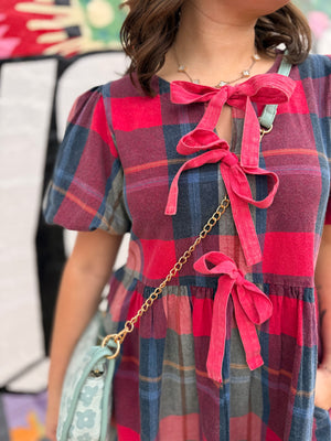 Easel Blue + Pink Plaid Mini Dress w/ Ties