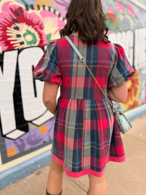 Easel Blue + Pink Plaid Mini Dress w/ Ties
