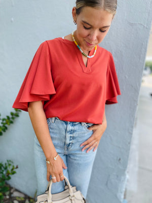 Rust Flutter Sleeve Blouse
