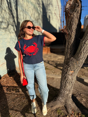 Navy Short Sleeve Crab Print Knit Sweater