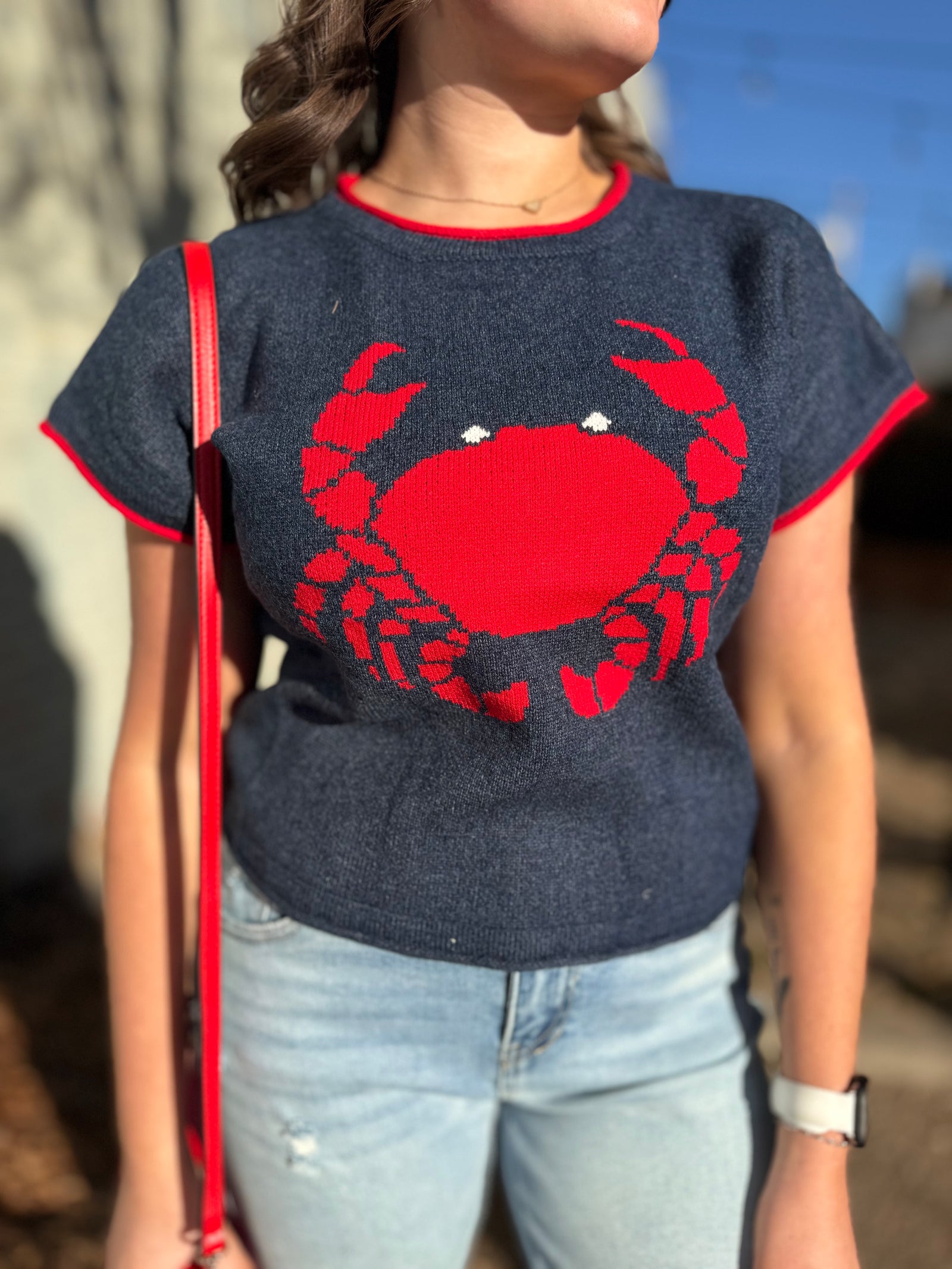 Navy Short Sleeve Crab Print Knit Sweater