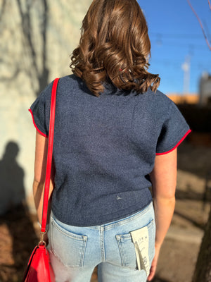 Navy Short Sleeve Crab Print Knit Sweater