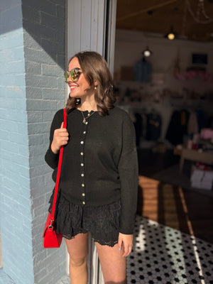 Solid Crewneck Button Down Cardigan