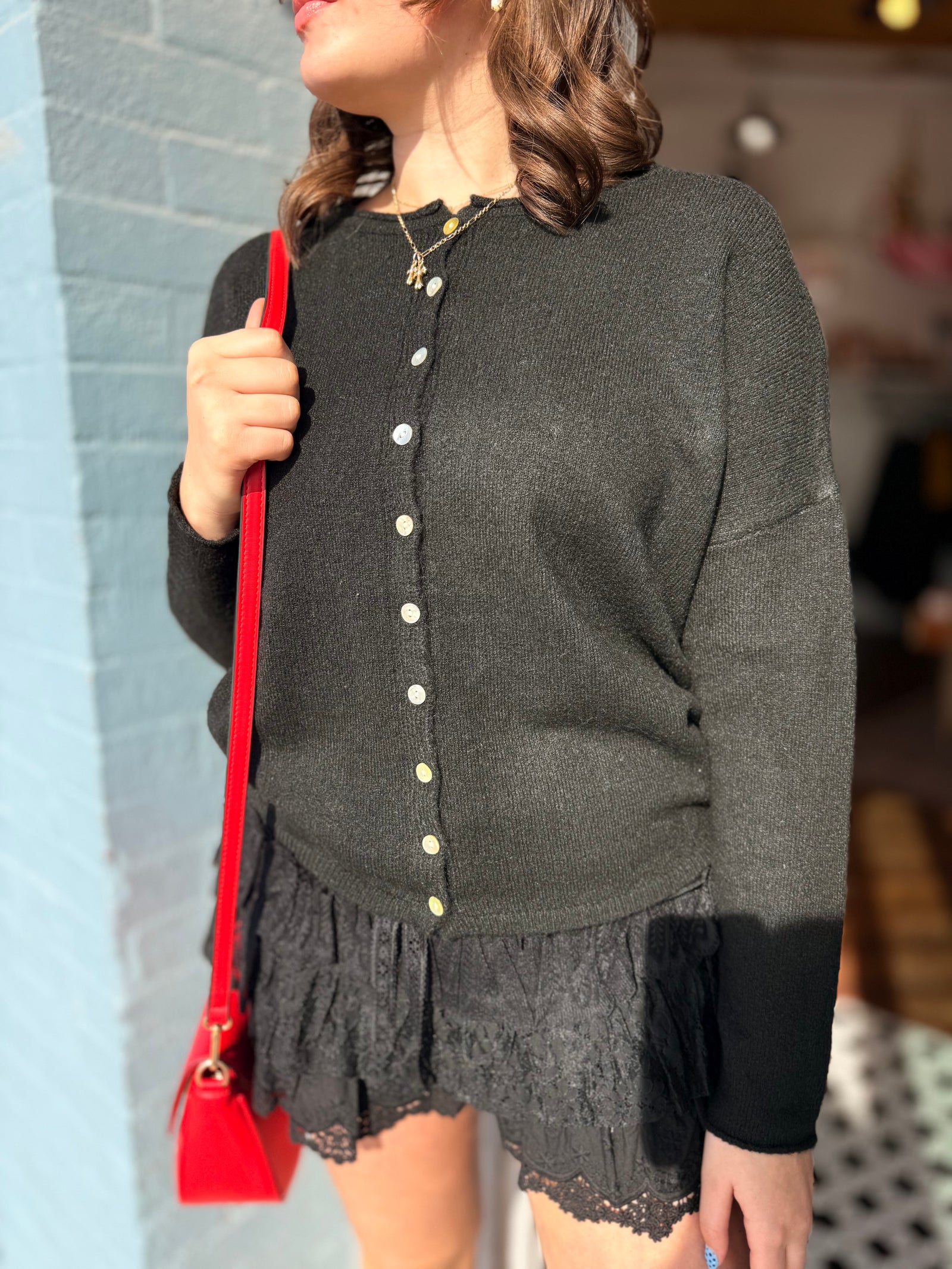 Solid Crewneck Button Down Cardigan