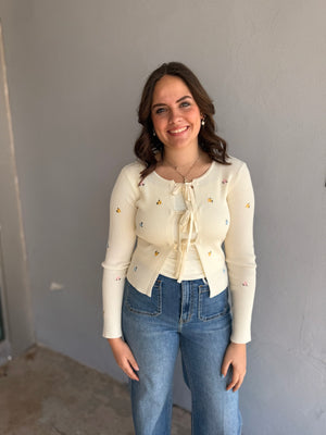 Ivory Floral Embroidered Tie Front Knit Cardigan