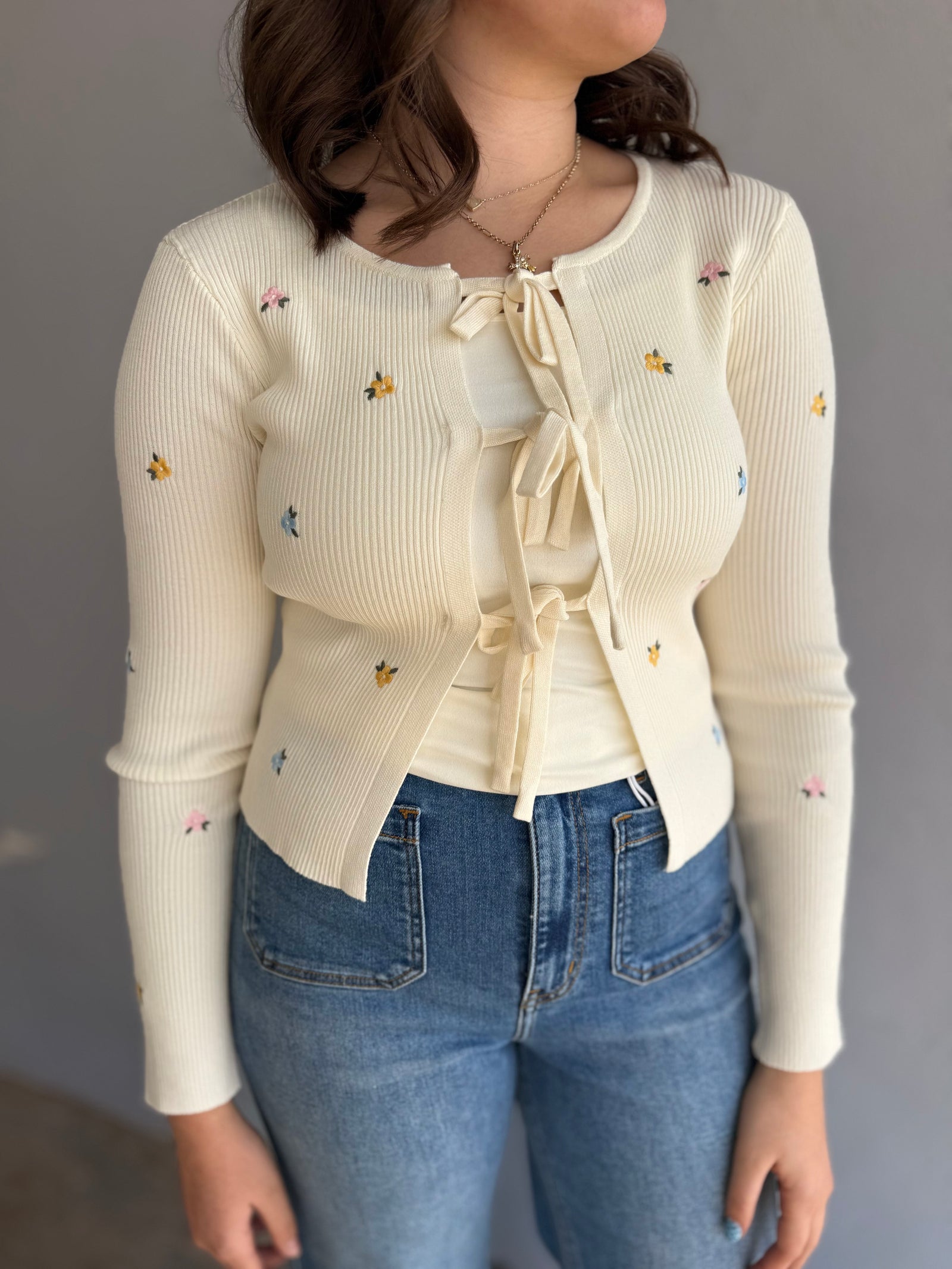 Ivory Floral Embroidered Tie Front Knit Cardigan