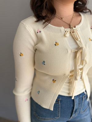 Ivory Floral Embroidered Tie Front Knit Cardigan