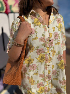 Entro Pink + Yellow Floral Button Down Dress