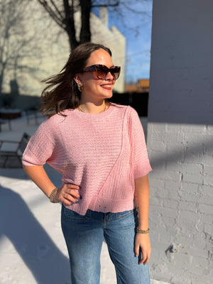 Entro Pink Short Sleeve Knit Top w/ Distressing