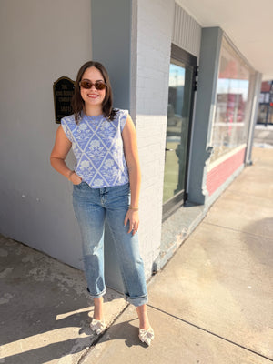 Entro Periwinkle Floral High Neck Sleeveless Knit Top