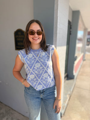 Entro Periwinkle Floral High Neck Sleeveless Knit Top