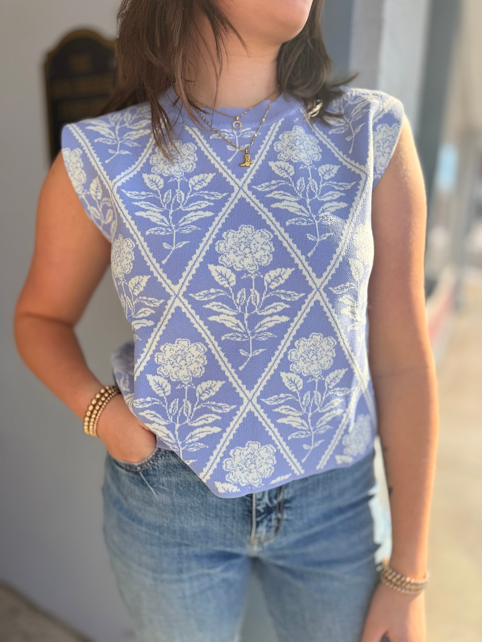 Entro Periwinkle Floral High Neck Sleeveless Knit Top