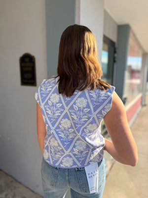 Entro Periwinkle Floral High Neck Sleeveless Knit Top